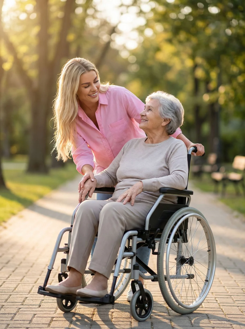Eine Pflegekraft begleitet eine ältere Dame im Rollstuhl bei einem Spaziergang