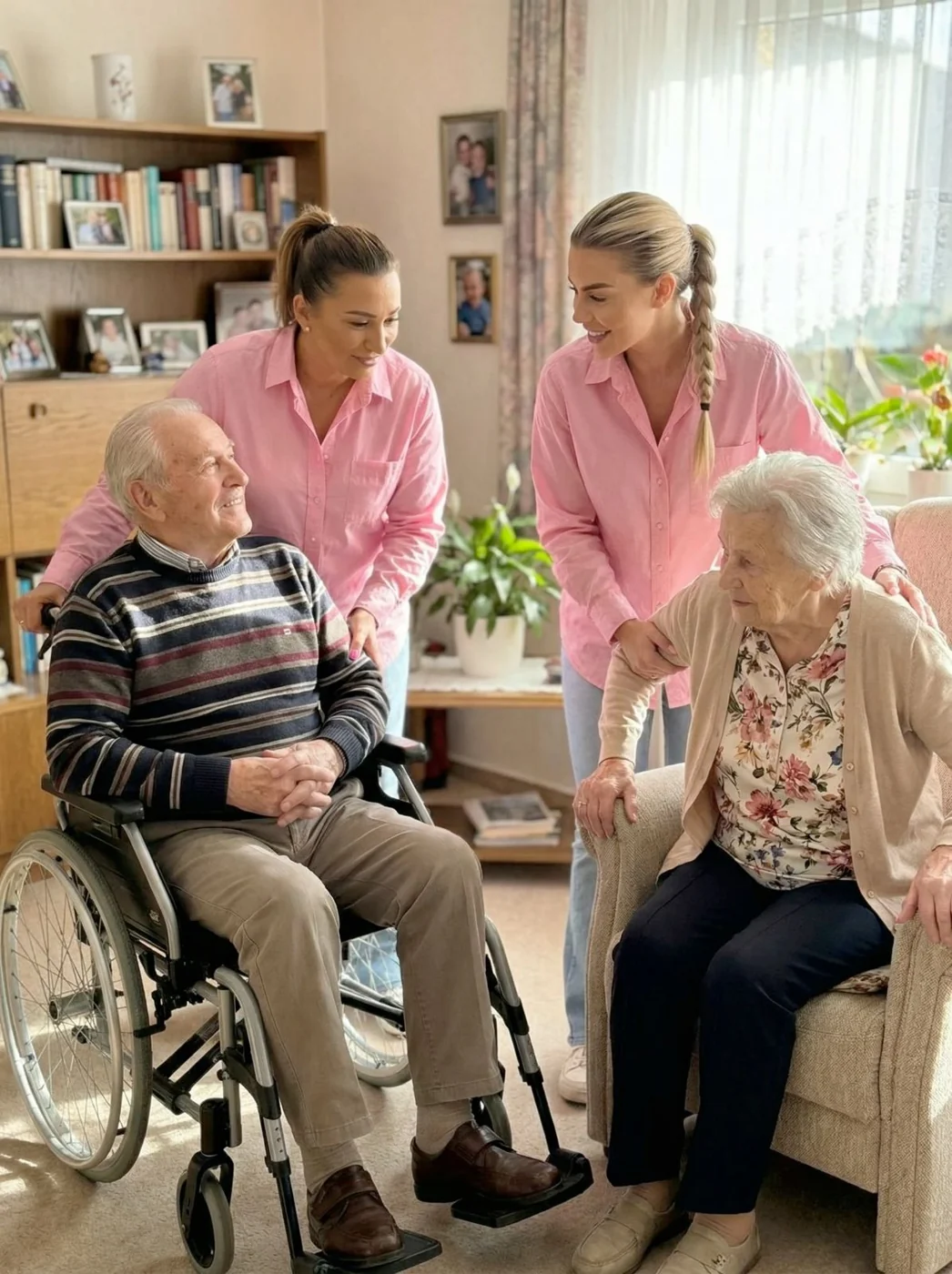 Pflegekräfte im Gespräch mit älteren Menschen zu Hause