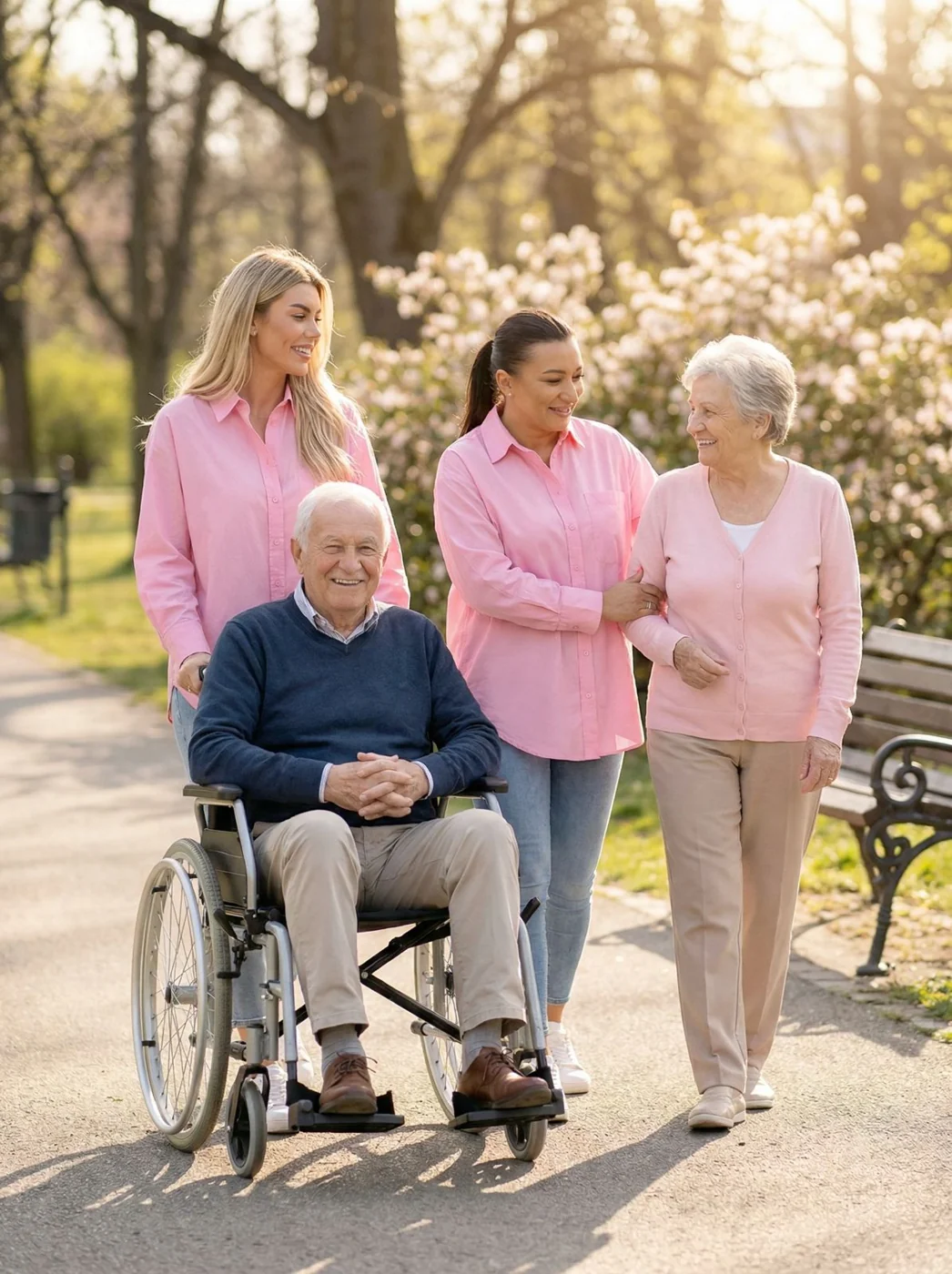 Gemeinsamer Spaziergang mit einer Seniorin und einem Rollstuhlfahrer
